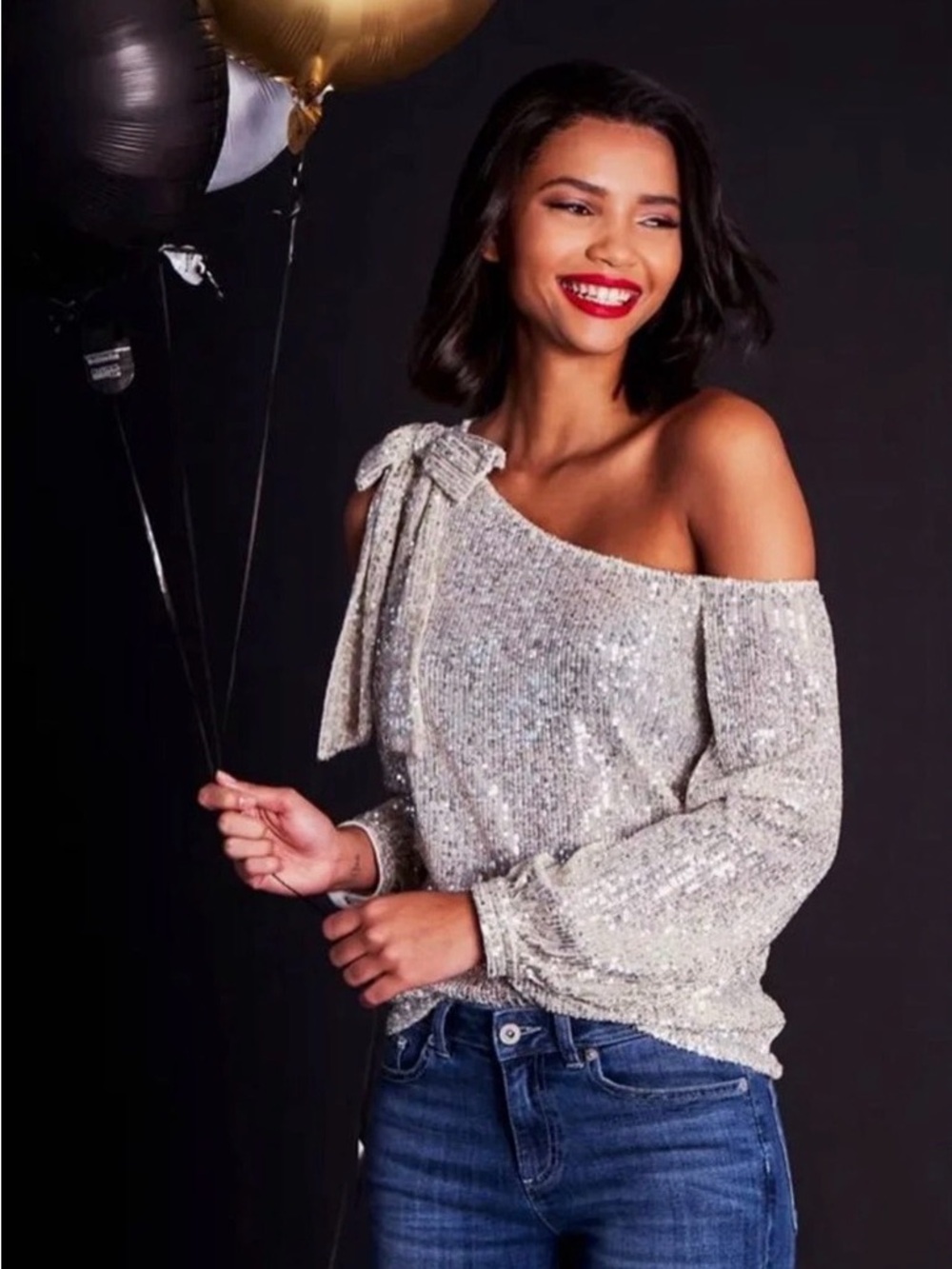 CeCe Silver One-Shoulder Sequin Bow Top